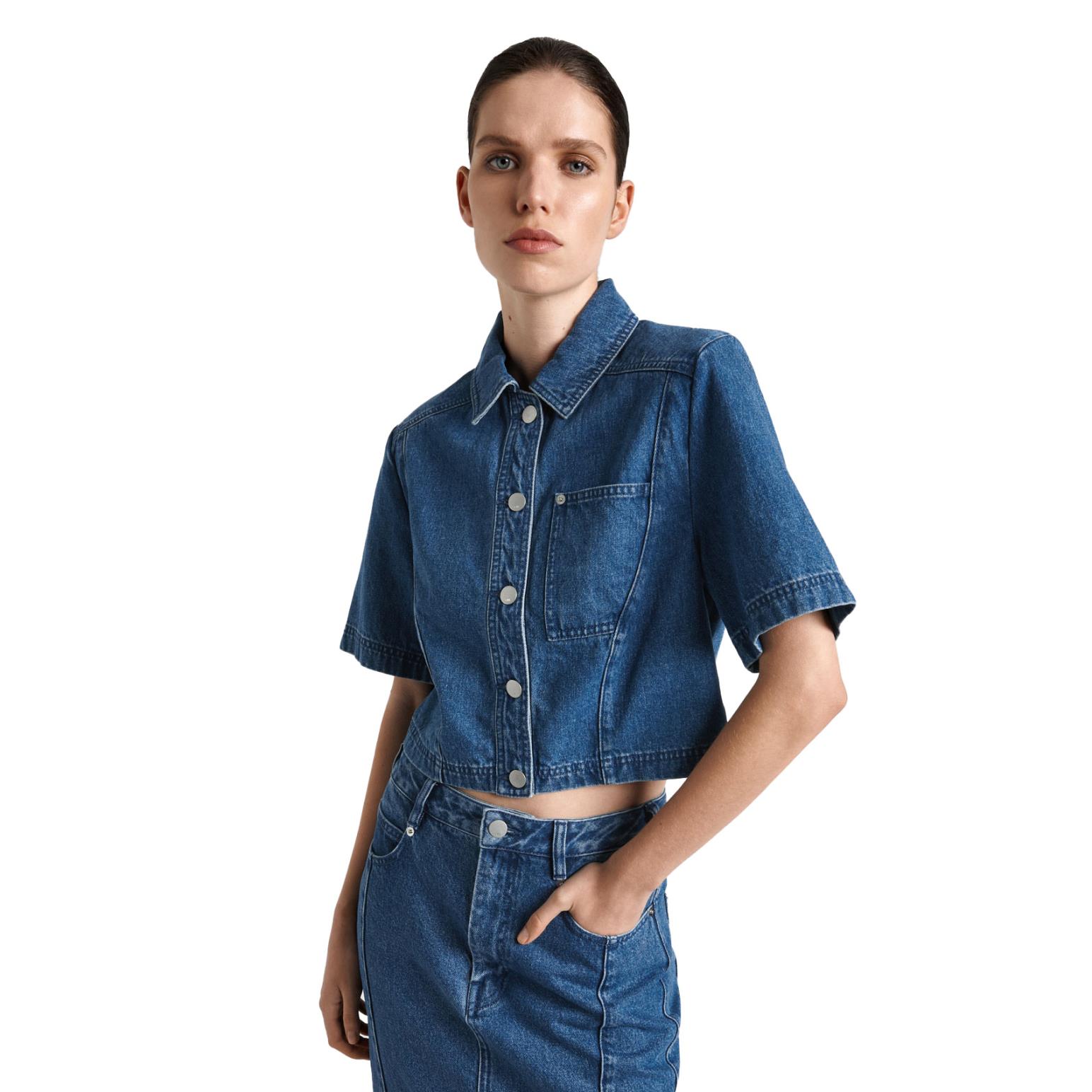 Cue Mid Wash Denim Cropped Shirt